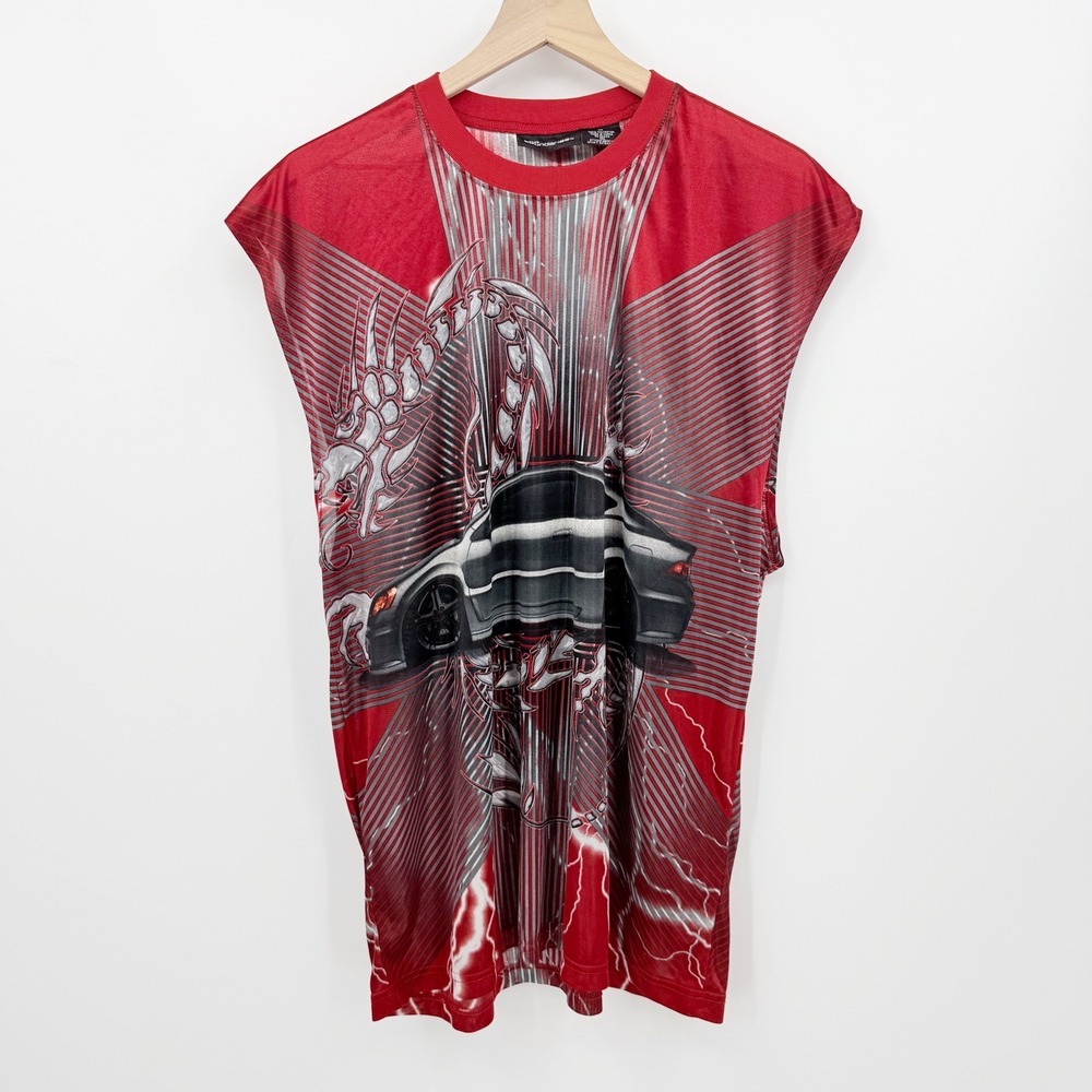 No Boundaries Mens Graphic Muscle Tee Racing Car Dragon Red Y2K Streetwear XL